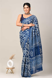 PAHELI JAIPUR Blue Indigo Hand Block Bagru Print Mulmul Cotton Saree with Unstitched Blouse Piece – Soft & Lightweight Saree for Women